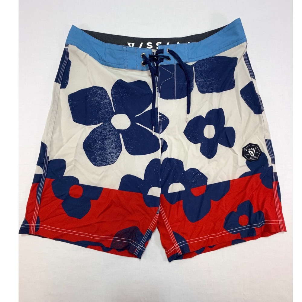 Vissla Mens Board Shorts Size 32 Floral Coconut Poly Stretch Swim Trunks Blue Re